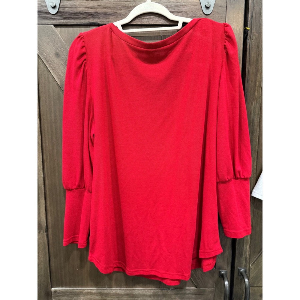 Amaryllis Red Puff Sleeve Knit Top Crew Neck Long Sleeve Blouse large - Picture 3 of 3